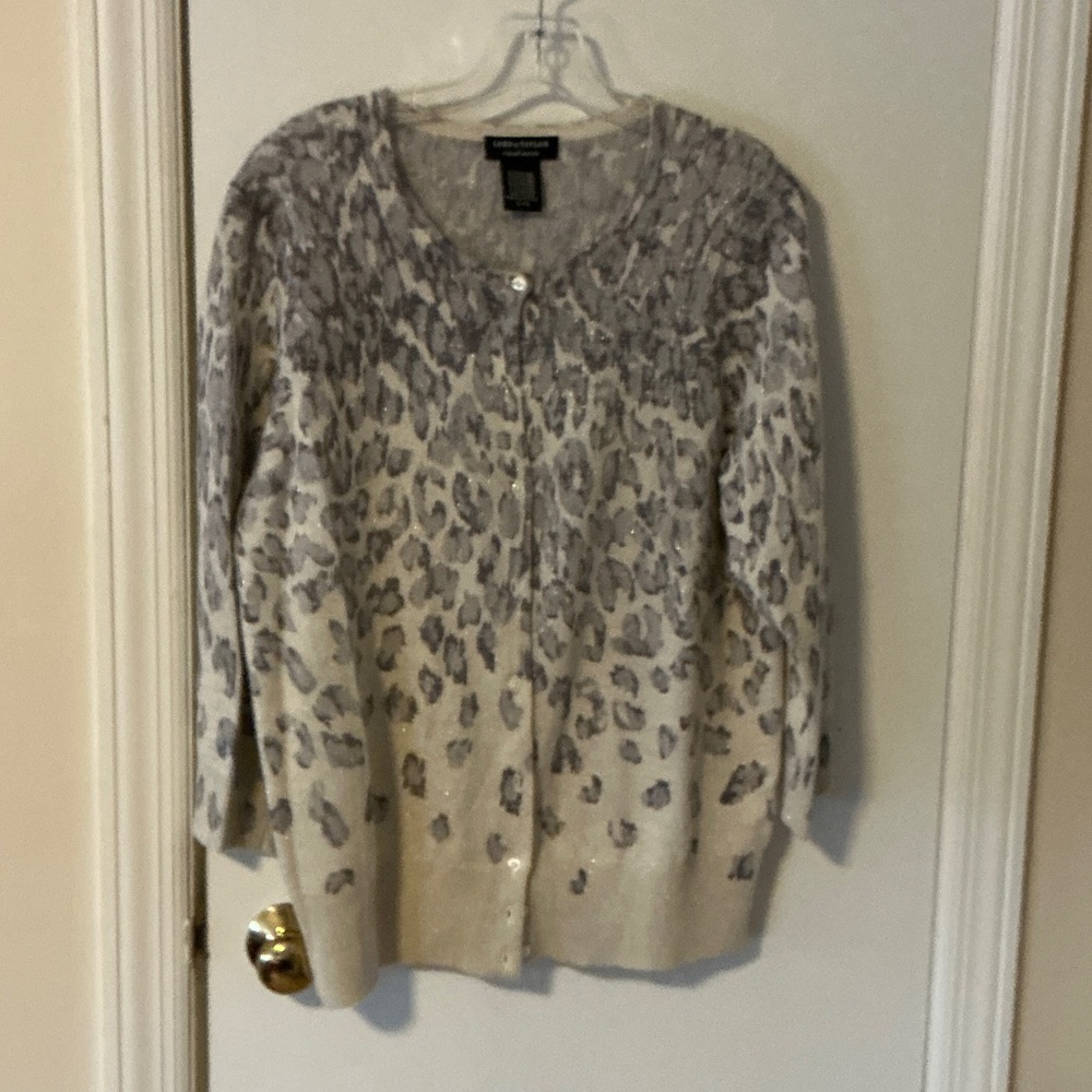 Lord and Taylor Cashmere Gray and Ivory Shimmery Cardigan XL